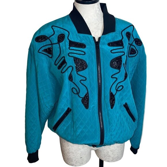 Kansai Yamamoto Vintage 80's Womens Jacket Size M Blue Quilted Beaded Bomber